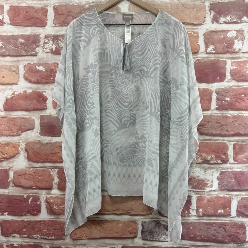 Chicos Kimono Top Women's Small Medium Gray White Boho Safari Zebra Sheer Shirt
